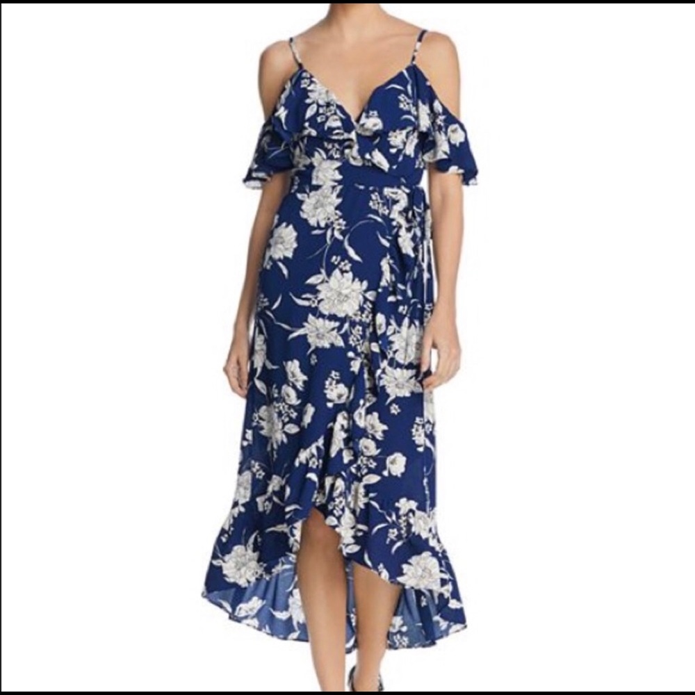 AQUA Floral Cold-Shoulder Ruffle Wrap Dress